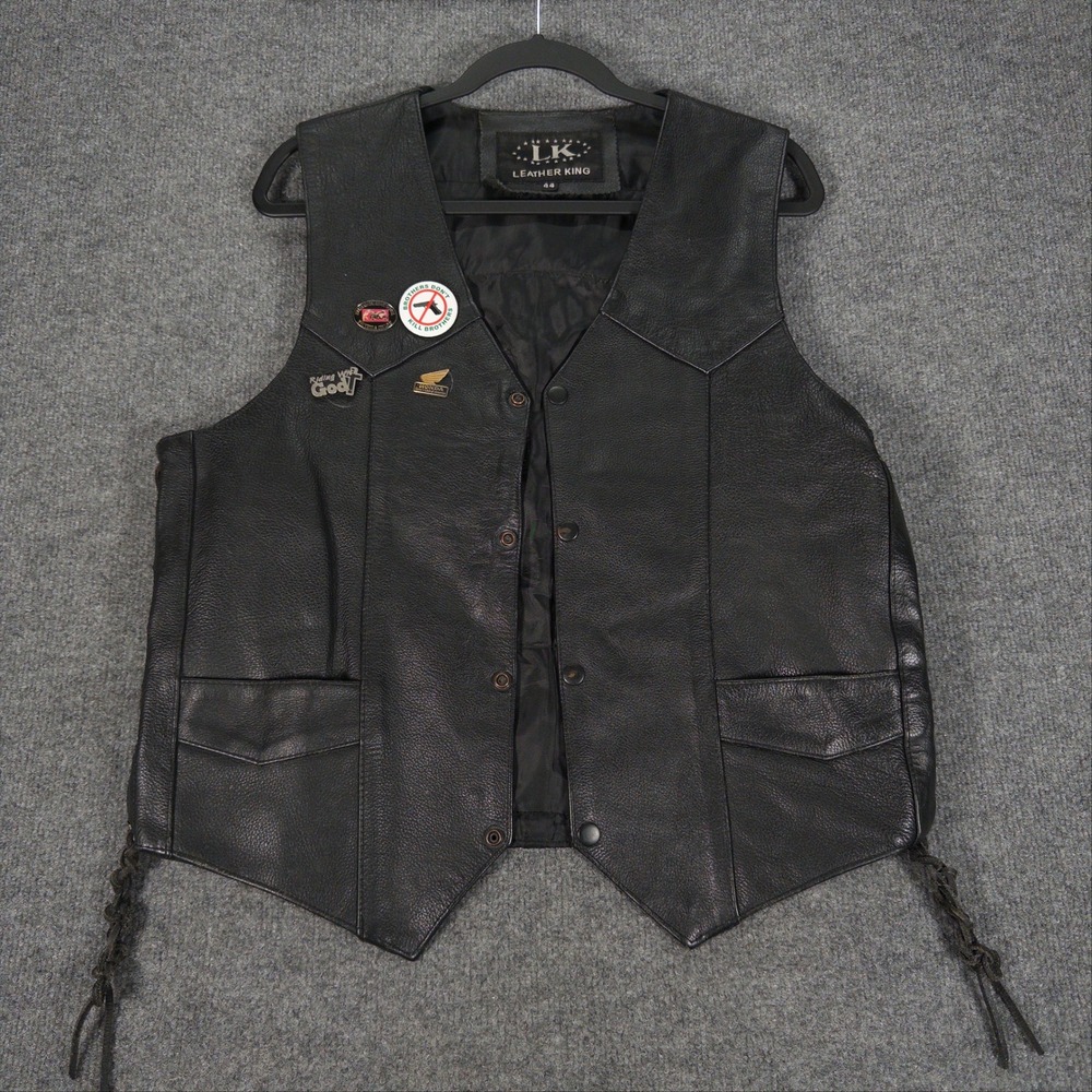 Leather King Players MC Yonkers NY Biker Vest Black Leather Patched Pins Size 44
